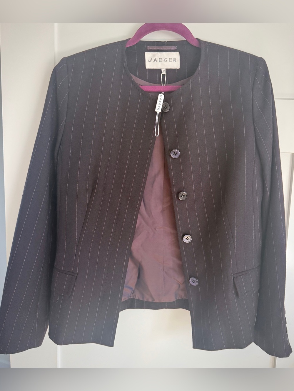 Jaeger Cropped Wool Cashmere Blazer US 8 Dark Academia Pinstripe